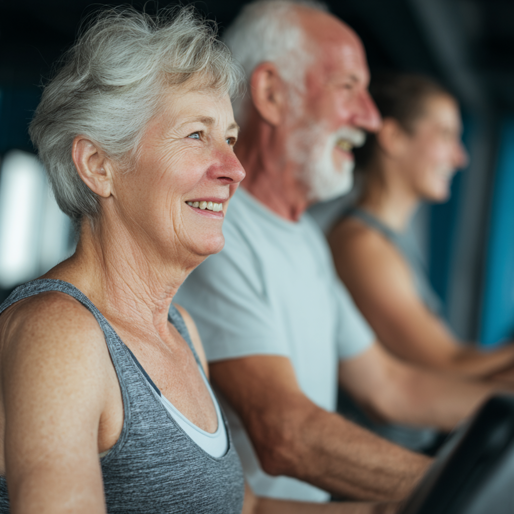 mature adults enjoying various fitness activities including strength training and cardio workouts